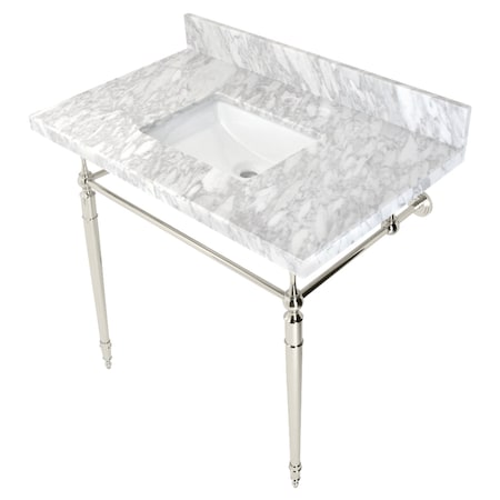 Fauceture KVPB3622M8SQ6 36" Console Sink with Brass Legs (8-Inch, 3 Hole), Marble White/Polished Nickel KVPB3622M8SQ6